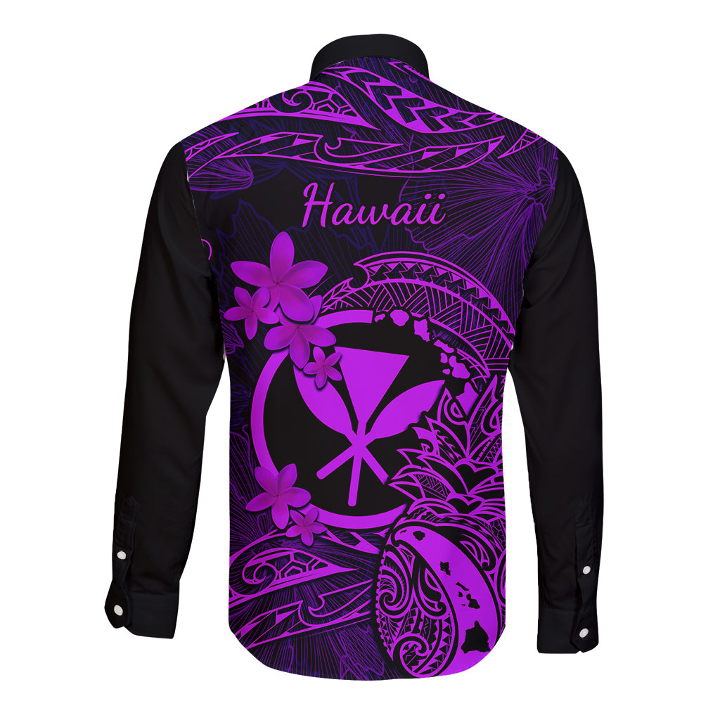 Hawaii Long Sleeve Button Shirt Pineapple Mix Polynesian Plumeria Purple Version - Wonder Print Shop