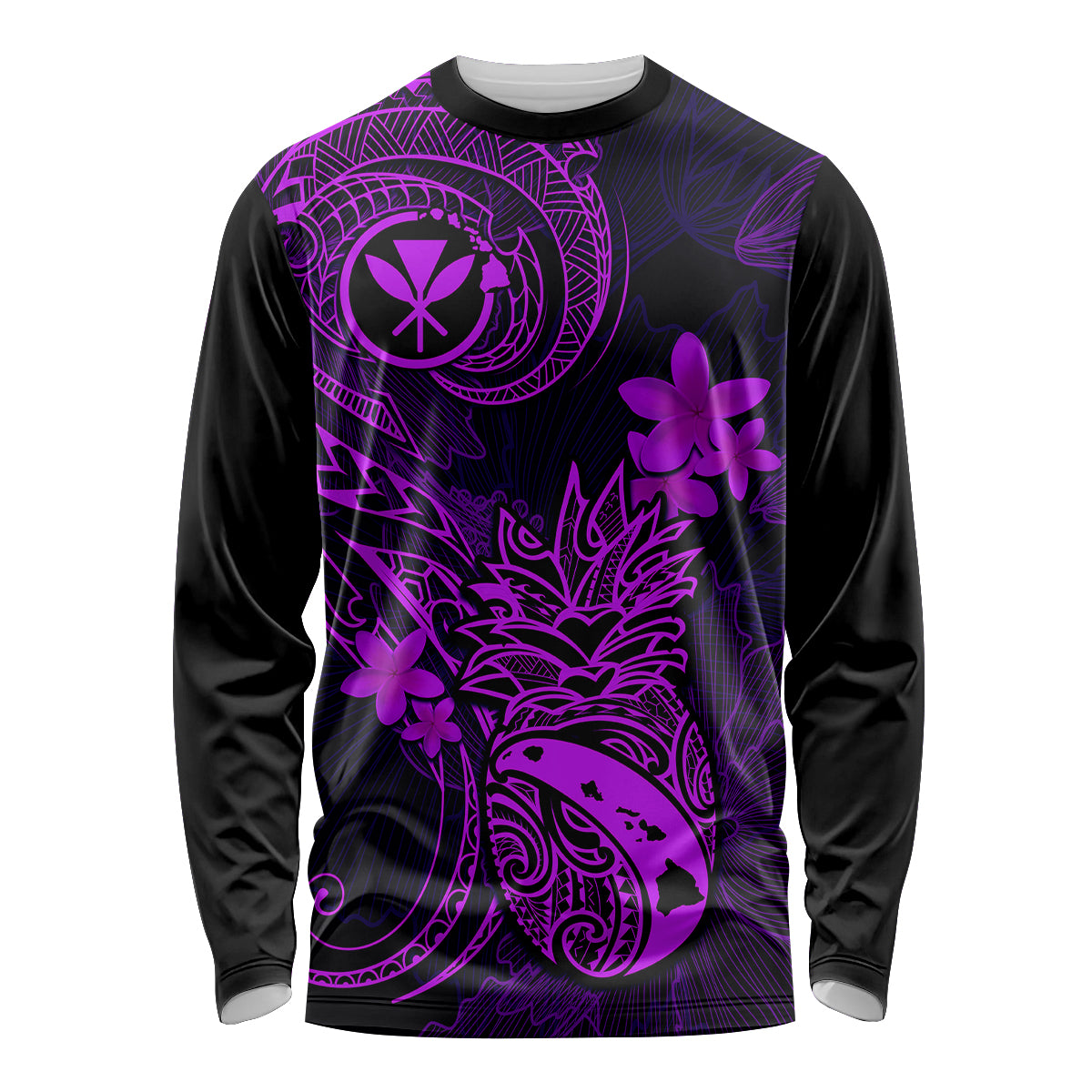 Hawaii Long Sleeve Shirt Pineapple Mix Polynesian Plumeria Purple Version - Wonder Print Shop