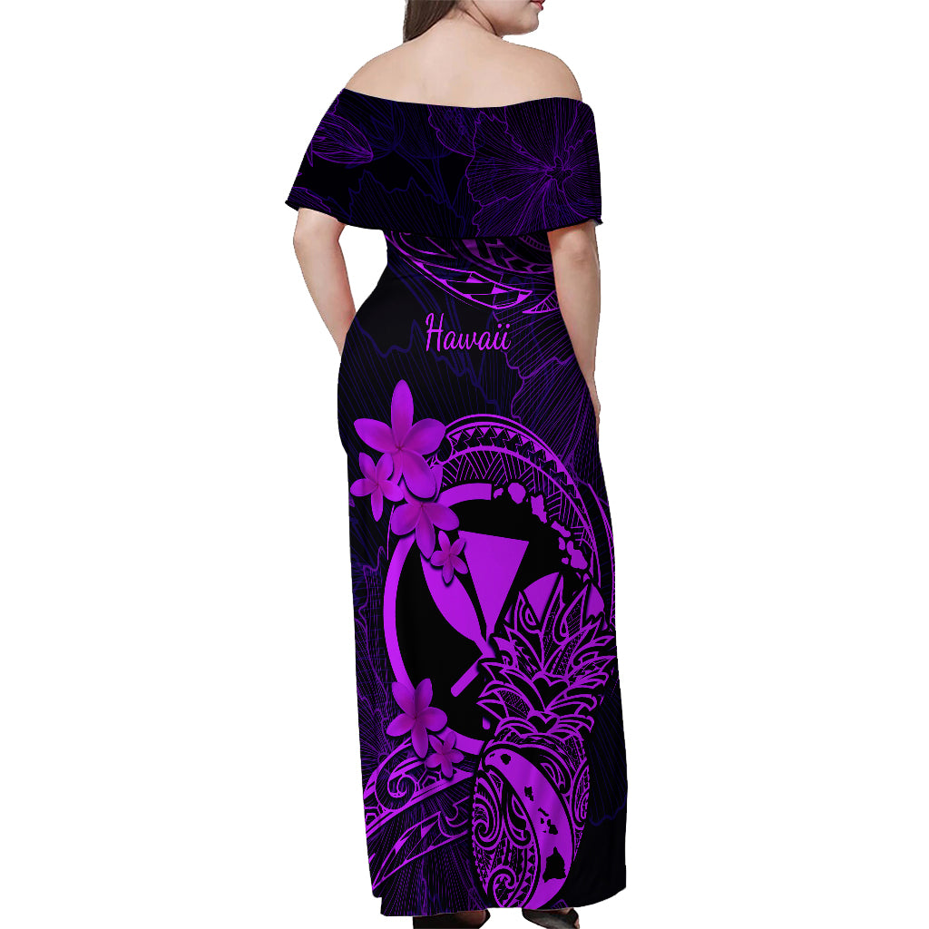 Hawaii Off Shoulder Maxi Dress Pineapple Mix Polynesian Plumeria Purple Version - Wonder Print Shop
