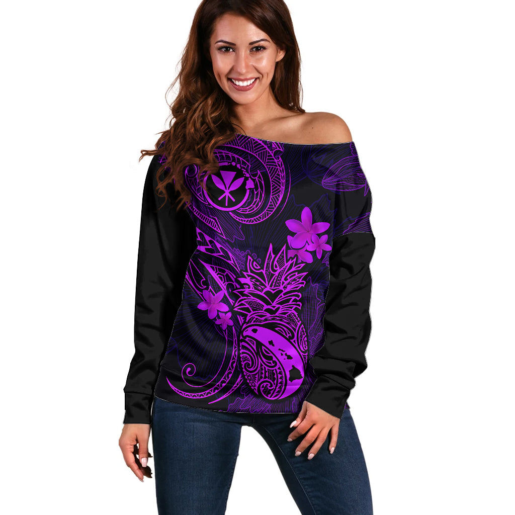 Hawaii Off Shoulder Sweater Pineapple Mix Polynesian Plumeria Purple Version - Wonder Print Shop
