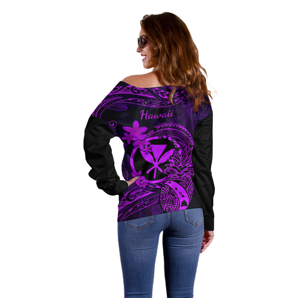 Hawaii Off Shoulder Sweater Pineapple Mix Polynesian Plumeria Purple Version - Wonder Print Shop