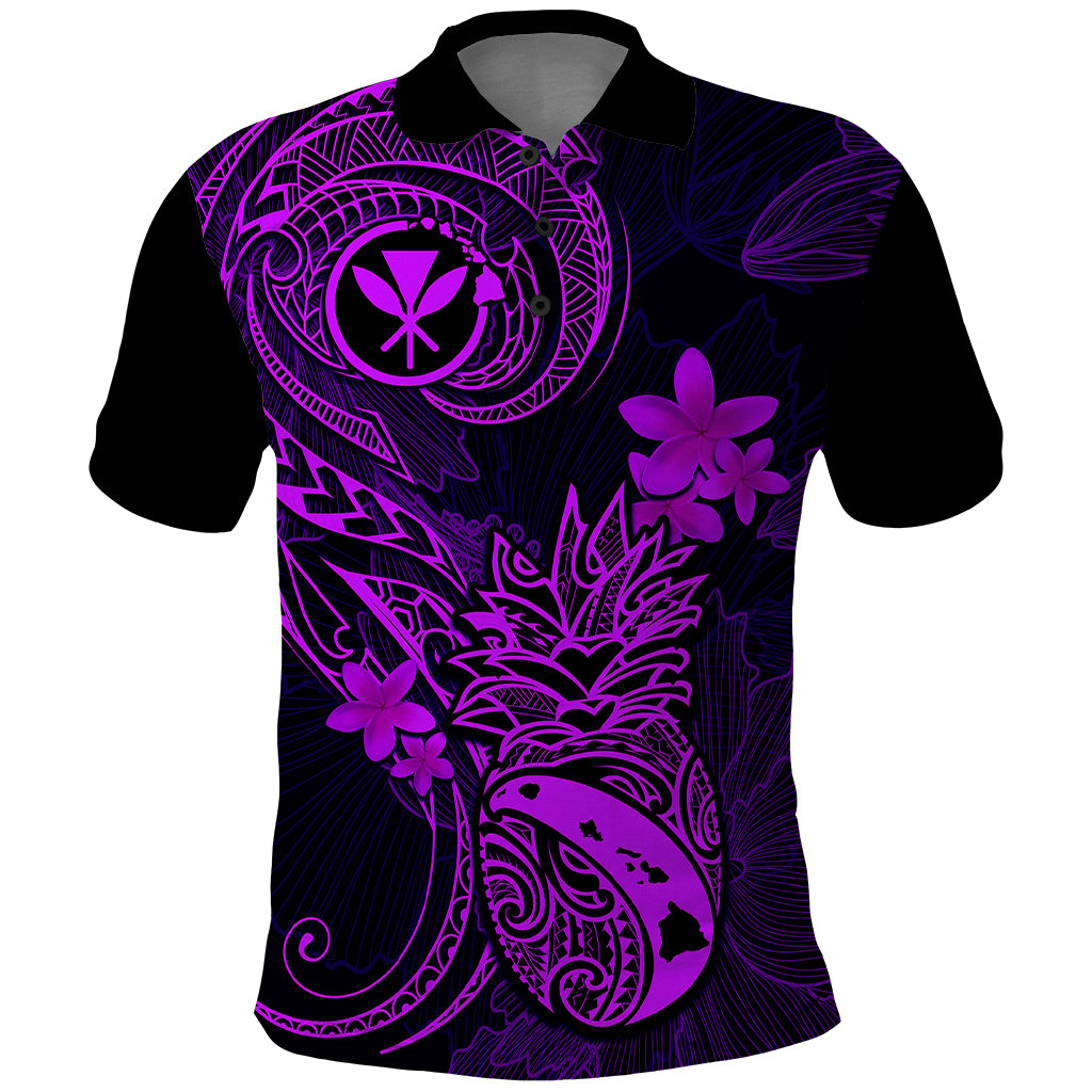 Hawaii Polo Shirt Pineapple Mix Polynesian Plumeria Purple Version - Wonder Print Shop