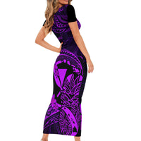 Hawaii Short Sleeve Bodycon Dress Pineapple Mix Polynesian Plumeria Purple Version - Wonder Print Shop