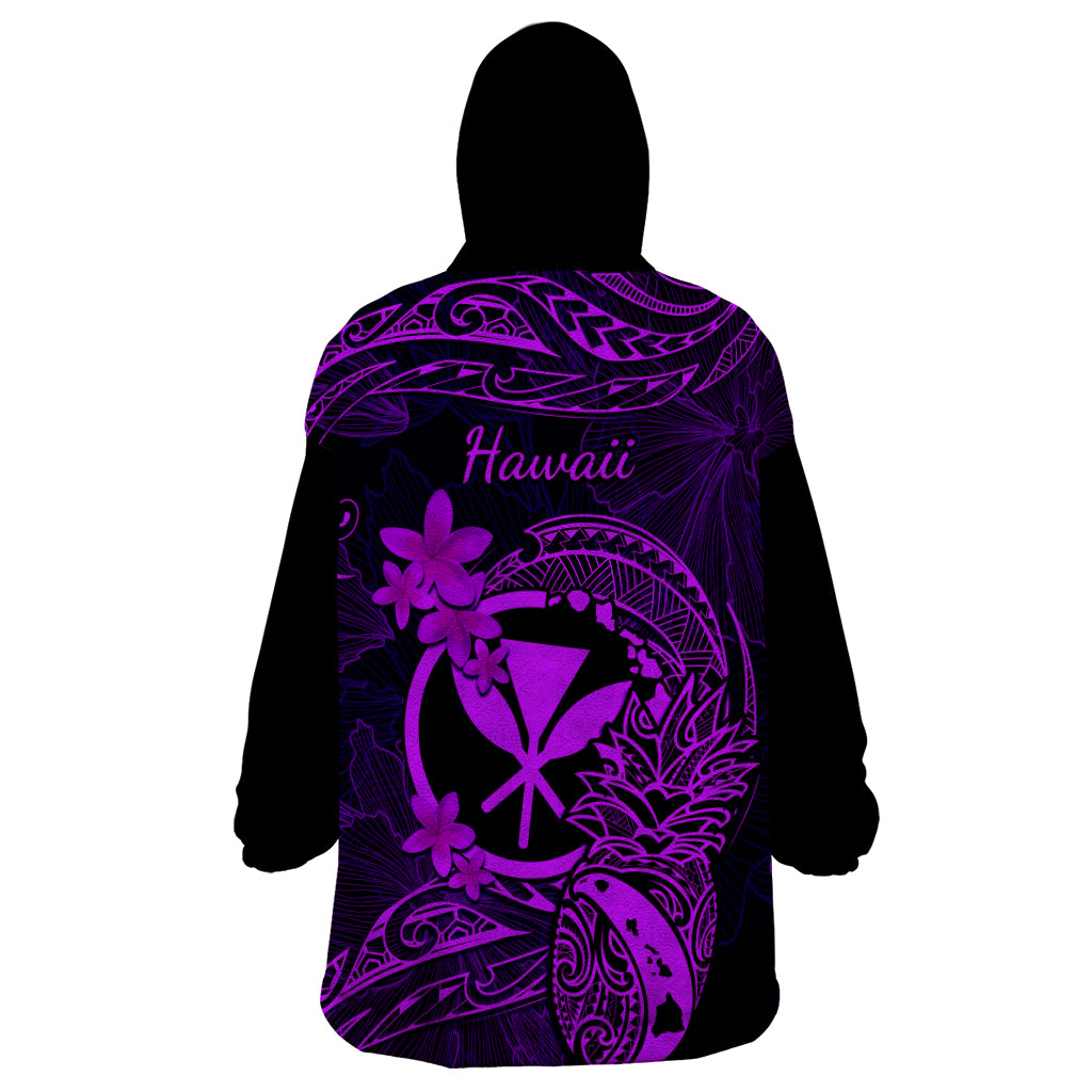 Hawaii Wearable Blanket Hoodie Pineapple Mix Polynesian Plumeria Purple Version - Wonder Print Shop