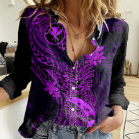 Hawaii Women Casual Shirt Pineapple Mix Polynesian Plumeria Purple Version - Wonder Print Shop