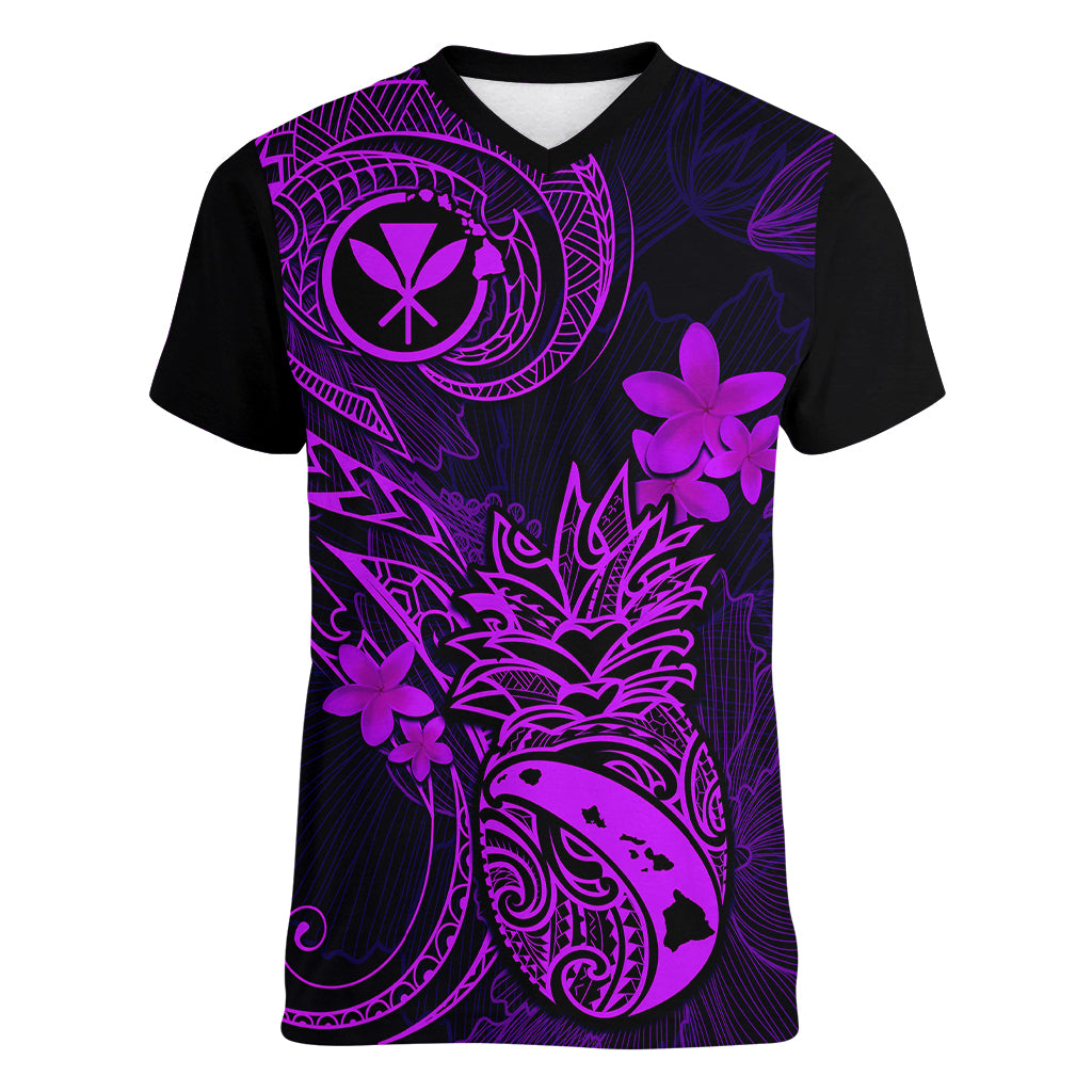 Hawaii Women V Neck T Shirt Pineapple Mix Polynesian Plumeria Purple Version - Wonder Print Shop