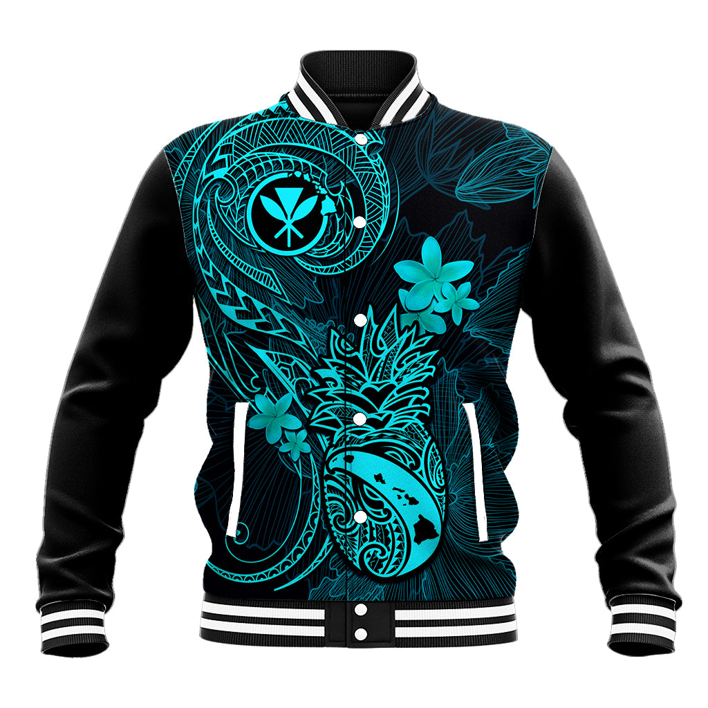 Hawaii Baseball Jacket Pineapple Mix Polynesian Plumeria Turquoise Version - Wonder Print Shop