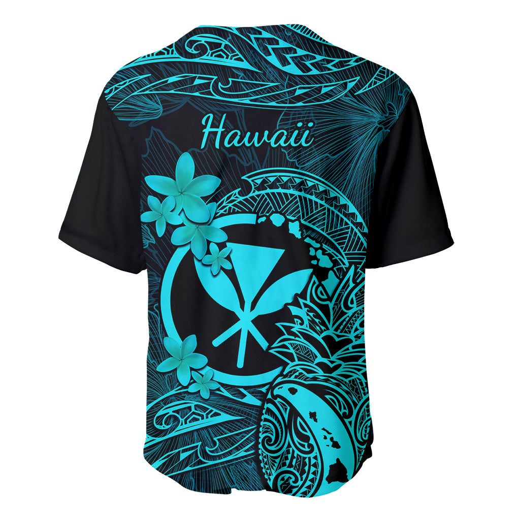 Hawaii Baseball Jersey Pineapple Mix Polynesian Plumeria Turquoise Version - Wonder Print Shop