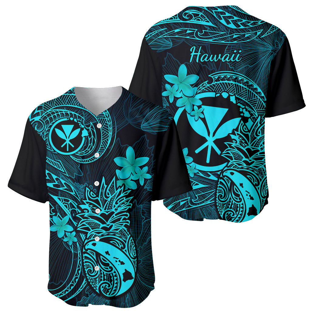 Hawaii Baseball Jersey Pineapple Mix Polynesian Plumeria Turquoise Version - Wonder Print Shop