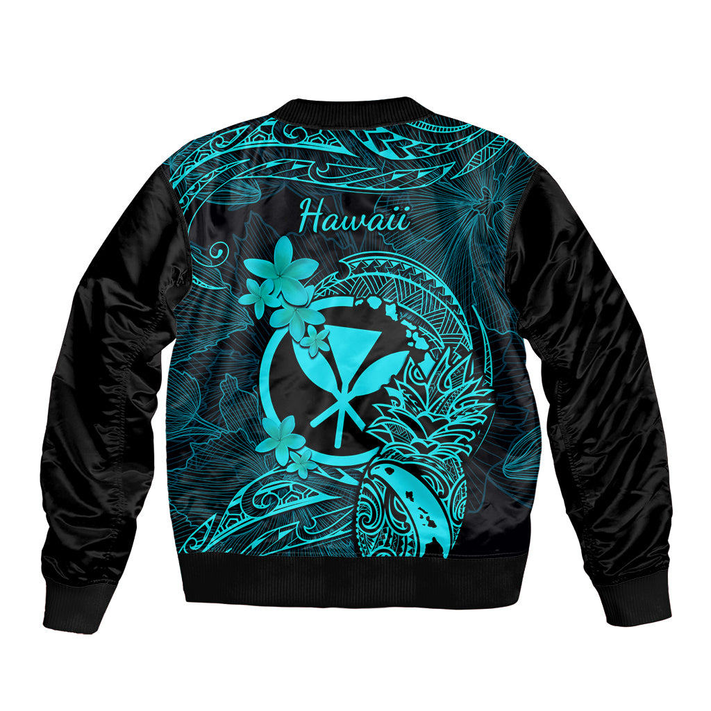 Hawaii Bomber Jacket Pineapple Mix Polynesian Plumeria Turquoise Version - Wonder Print Shop