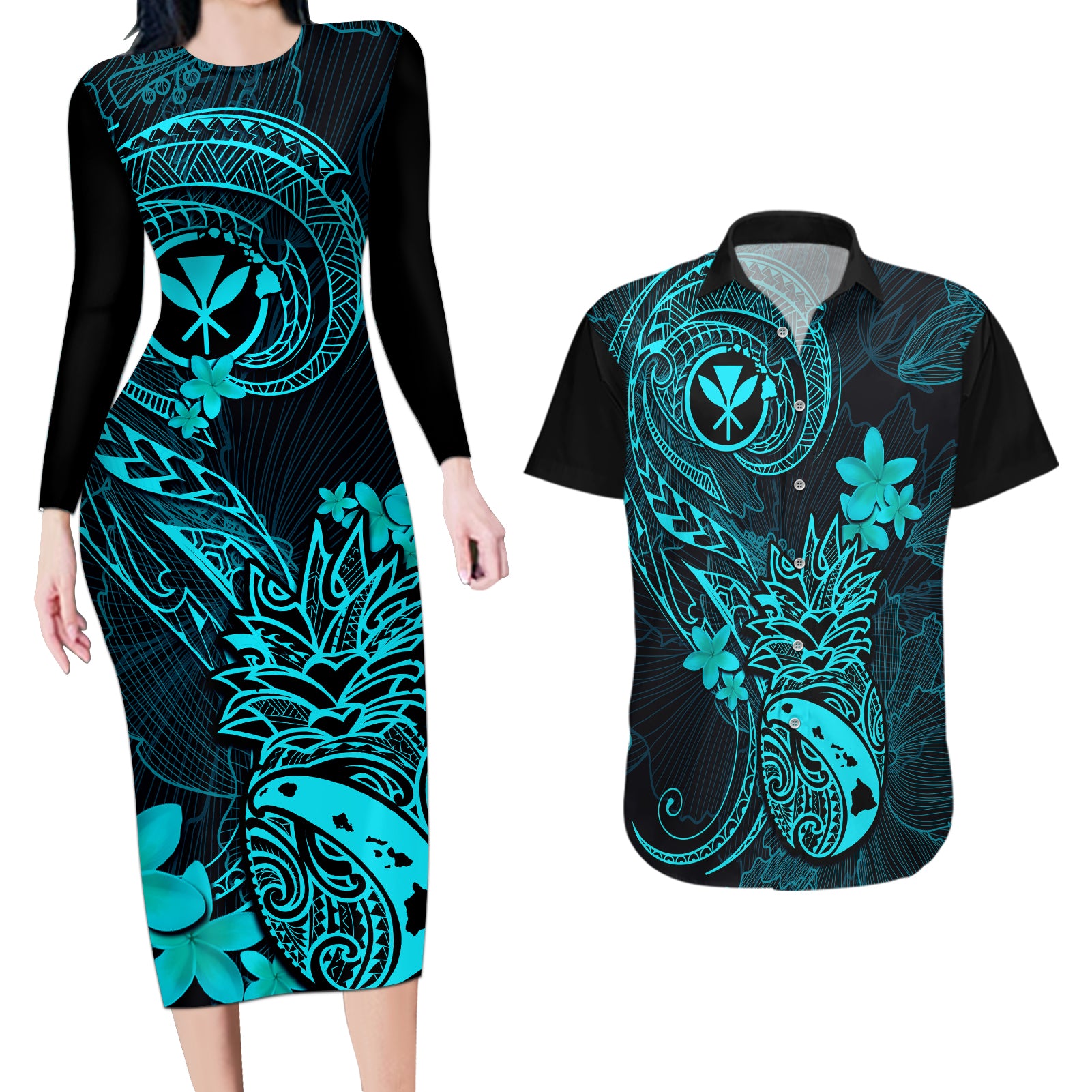 Hawaii Couples Matching Long Sleeve Bodycon Dress and Hawaiian Shirt Pineapple Mix Polynesian Plumeria Turquoise Version - Wonder Print Shop