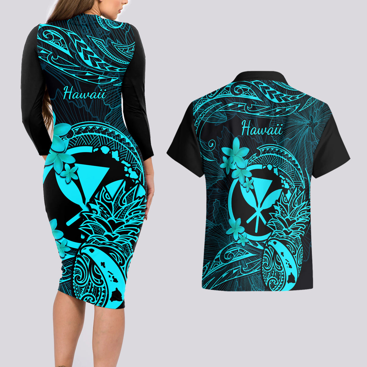 Hawaii Couples Matching Long Sleeve Bodycon Dress and Hawaiian Shirt Pineapple Mix Polynesian Plumeria Turquoise Version - Wonder Print Shop