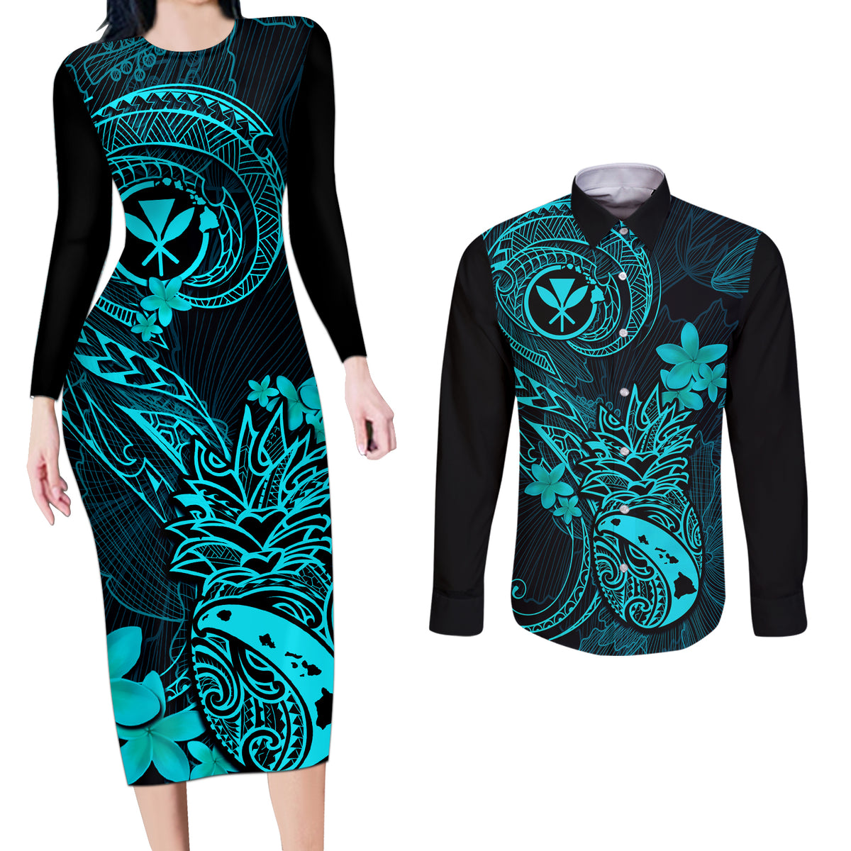 Hawaii Couples Matching Long Sleeve Bodycon Dress and Long Sleeve Button Shirts Pineapple Mix Polynesian Plumeria Turquoise Version - Wonder Print Shop