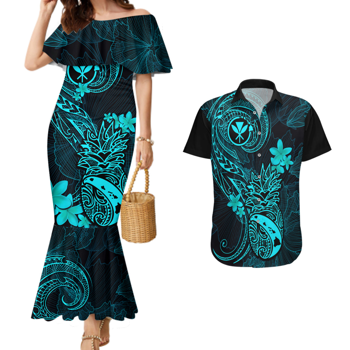 Hawaii Couples Matching Mermaid Dress and Hawaiian Shirt Pineapple Mix Polynesian Plumeria Turquoise Version - Wonder Print Shop