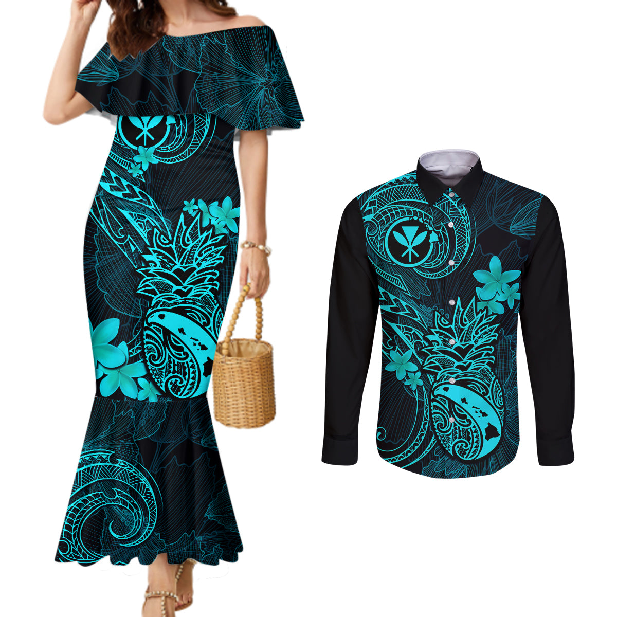 hawaii-couples-matching-mermaid-dress-and-long-sleeve-button-shirts-pineapple-mix-polynesian-plumeria-turquoise-version