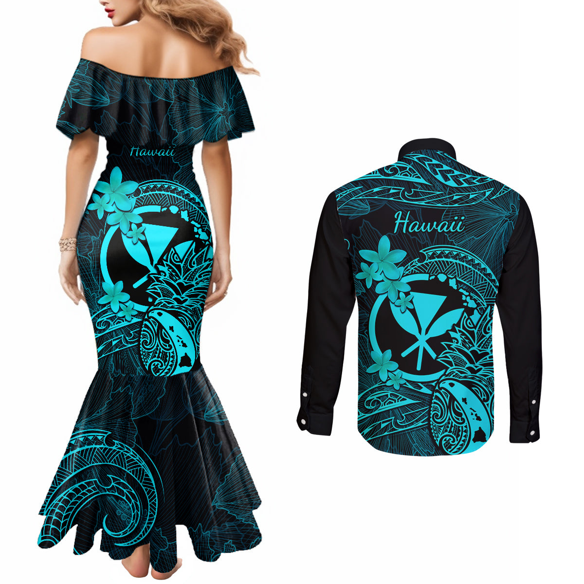 hawaii-couples-matching-mermaid-dress-and-long-sleeve-button-shirts-pineapple-mix-polynesian-plumeria-turquoise-version