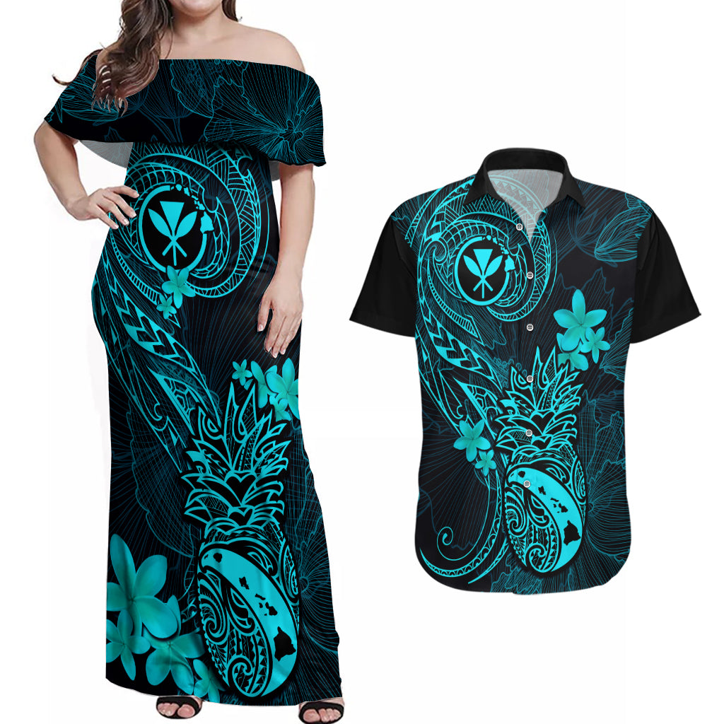 Hawaii Couples Matching Off Shoulder Maxi Dress and Hawaiian Shirt Pineapple Mix Polynesian Plumeria Turquoise Version - Wonder Print Shop