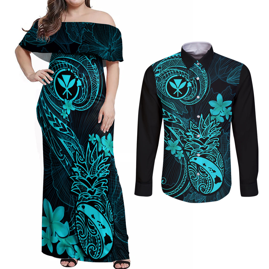 Hawaii Couples Matching Off Shoulder Maxi Dress and Long Sleeve Button Shirts Pineapple Mix Polynesian Plumeria Turquoise Version - Wonder Print Shop