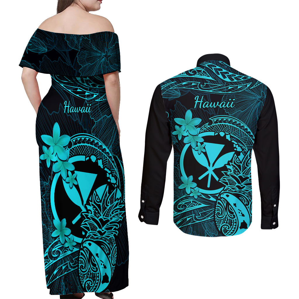 Hawaii Couples Matching Off Shoulder Maxi Dress and Long Sleeve Button Shirts Pineapple Mix Polynesian Plumeria Turquoise Version - Wonder Print Shop