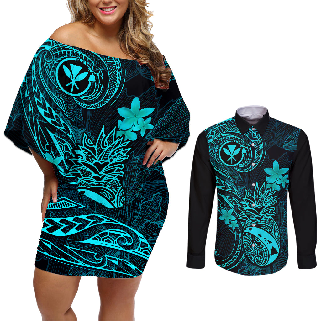 Hawaii Couples Matching Off Shoulder Short Dress and Long Sleeve Button Shirts Pineapple Mix Polynesian Plumeria Turquoise Version - Wonder Print Shop