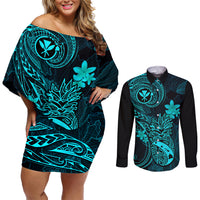 Hawaii Couples Matching Off Shoulder Short Dress and Long Sleeve Button Shirts Pineapple Mix Polynesian Plumeria Turquoise Version - Wonder Print Shop