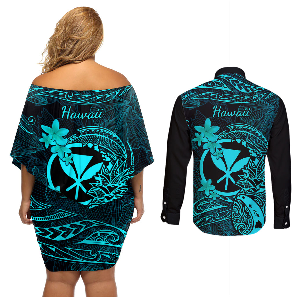 Hawaii Couples Matching Off Shoulder Short Dress and Long Sleeve Button Shirts Pineapple Mix Polynesian Plumeria Turquoise Version - Wonder Print Shop