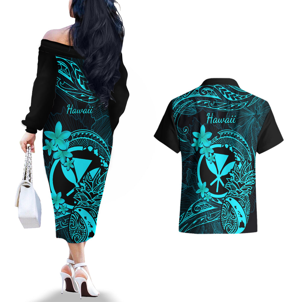 Hawaii Couples Matching Off The Shoulder Long Sleeve Dress and Hawaiian Shirt Pineapple Mix Polynesian Plumeria Turquoise Version - Wonder Print Shop