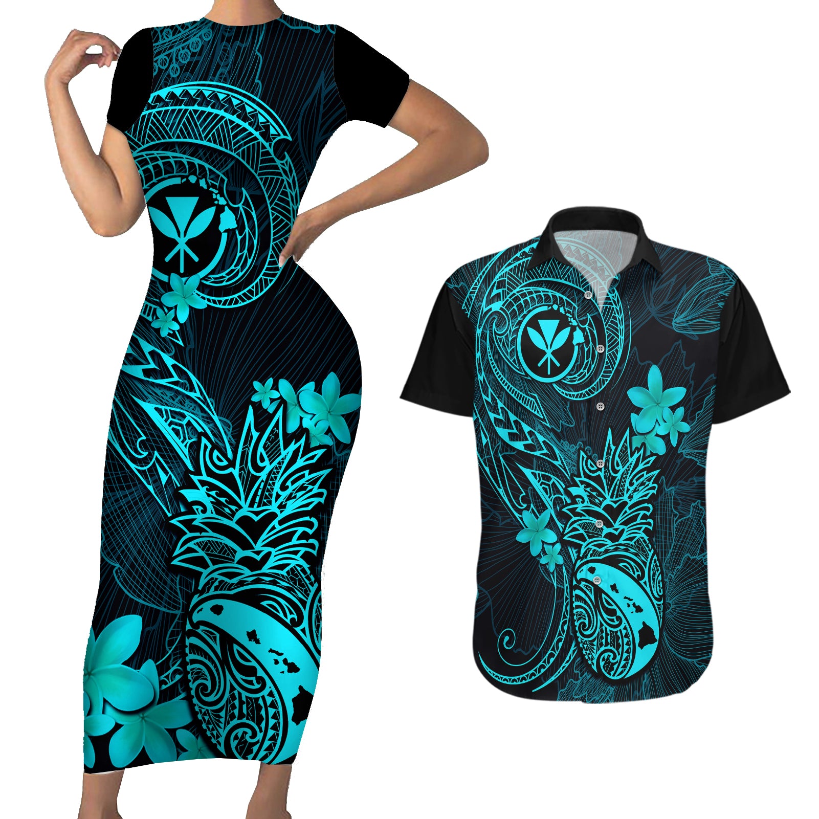 Hawaii Couples Matching Short Sleeve Bodycon Dress and Hawaiian Shirt Pineapple Mix Polynesian Plumeria Turquoise Version - Wonder Print Shop