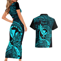 Hawaii Couples Matching Short Sleeve Bodycon Dress and Hawaiian Shirt Pineapple Mix Polynesian Plumeria Turquoise Version - Wonder Print Shop