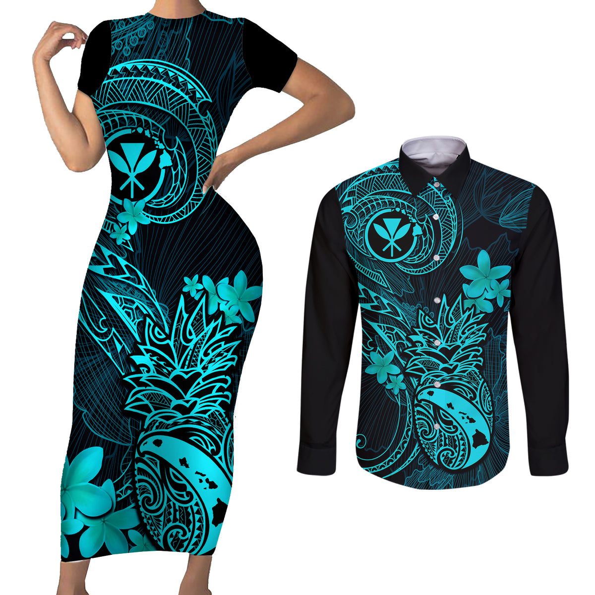 Hawaii Couples Matching Short Sleeve Bodycon Dress and Long Sleeve Button Shirts Pineapple Mix Polynesian Plumeria Turquoise Version - Wonder Print Shop