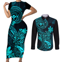 Hawaii Couples Matching Short Sleeve Bodycon Dress and Long Sleeve Button Shirts Pineapple Mix Polynesian Plumeria Turquoise Version - Wonder Print Shop