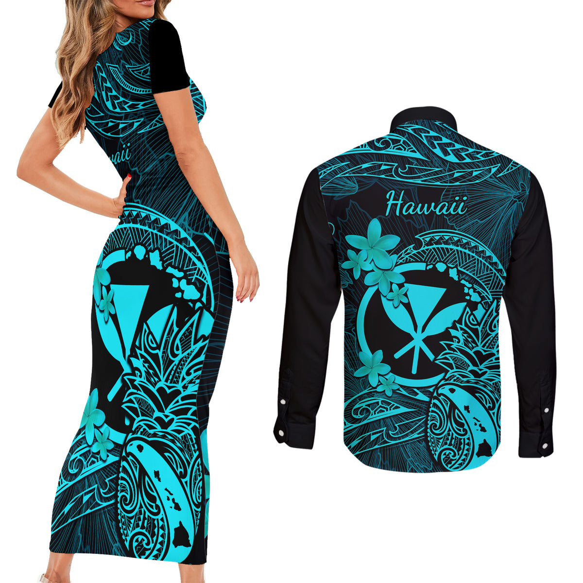 Hawaii Couples Matching Short Sleeve Bodycon Dress and Long Sleeve Button Shirts Pineapple Mix Polynesian Plumeria Turquoise Version - Wonder Print Shop