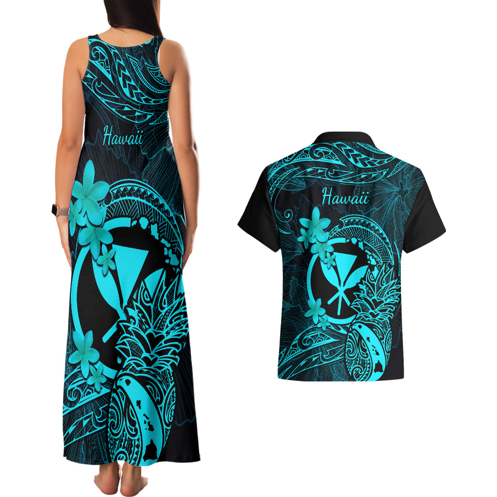 Hawaii Couples Matching Tank Maxi Dress and Hawaiian Shirt Pineapple Mix Polynesian Plumeria Turquoise Version - Wonder Print Shop