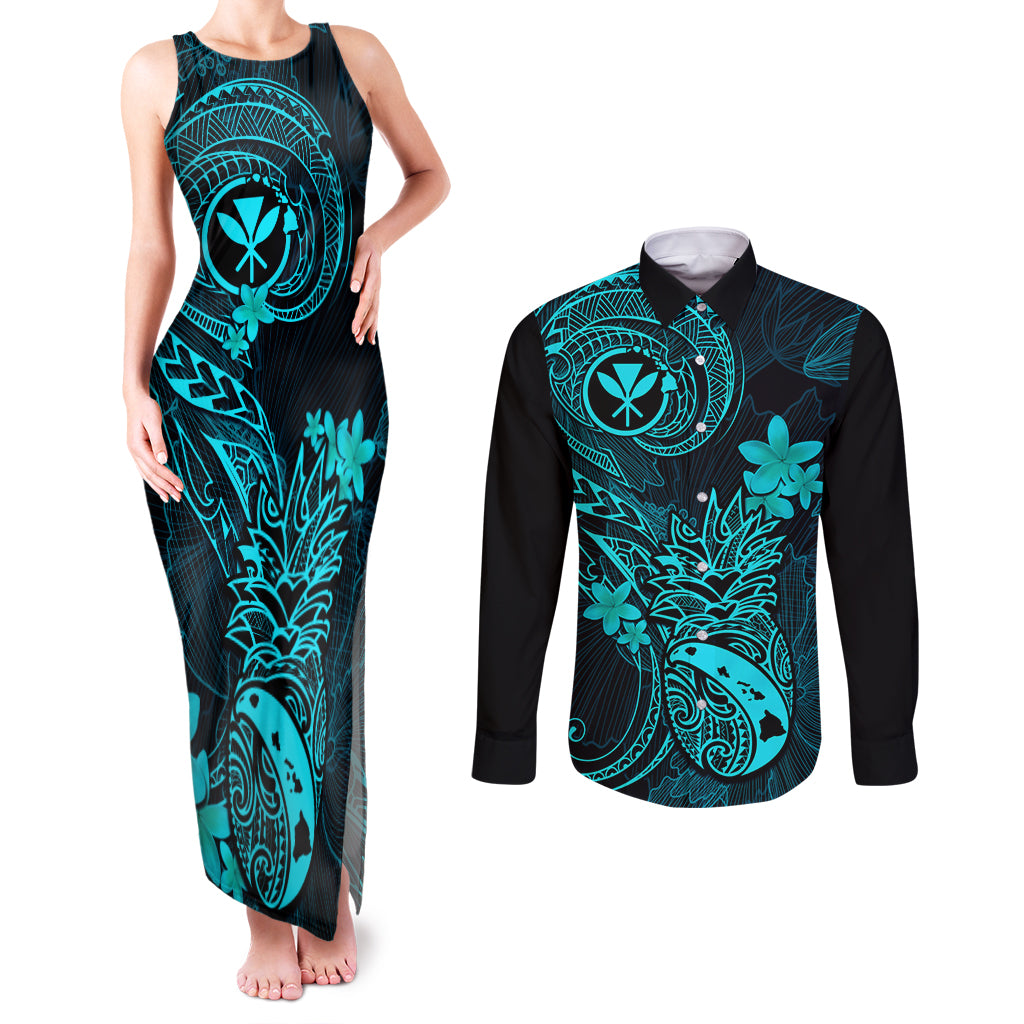 Hawaii Couples Matching Tank Maxi Dress and Long Sleeve Button Shirts Pineapple Mix Polynesian Plumeria Turquoise Version - Wonder Print Shop