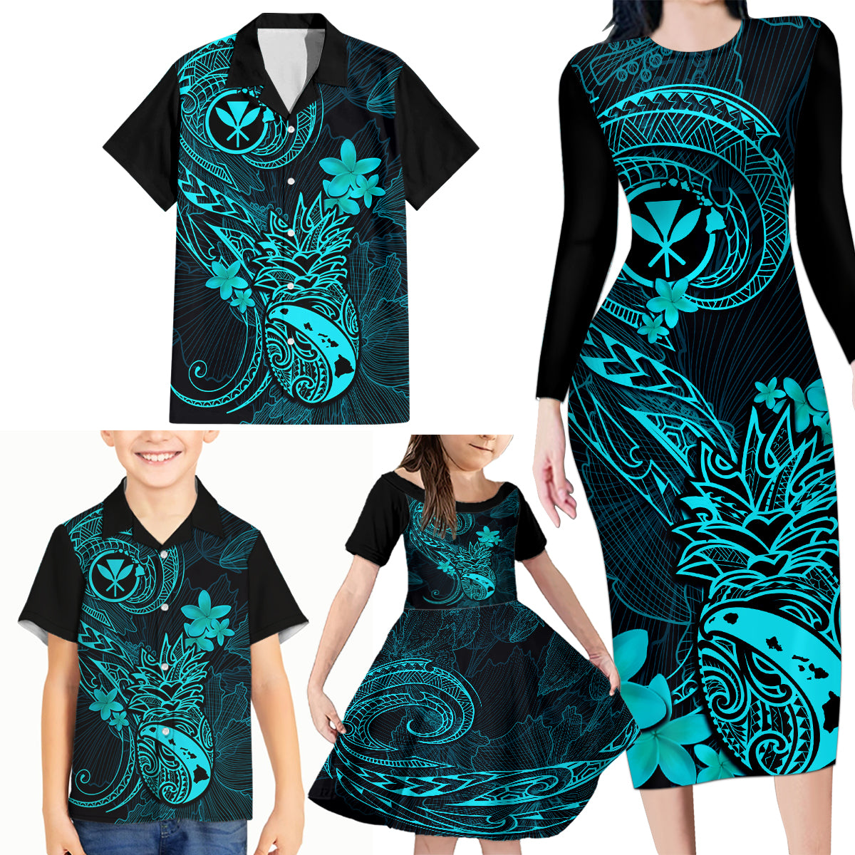 Hawaii Family Matching Long Sleeve Bodycon Dress and Hawaiian Shirt Pineapple Mix Polynesian Plumeria Turquoise Version - Wonder Print Shop