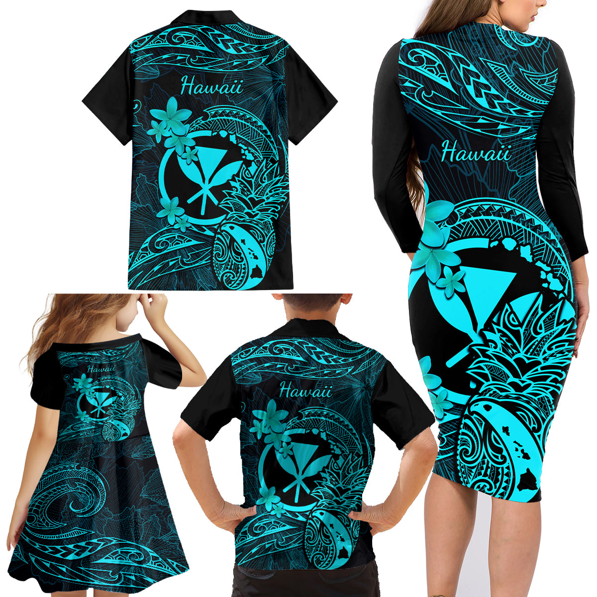 Hawaii Family Matching Long Sleeve Bodycon Dress and Hawaiian Shirt Pineapple Mix Polynesian Plumeria Turquoise Version - Wonder Print Shop