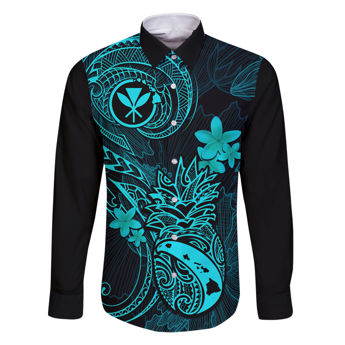 Hawaii Family Matching Long Sleeve Bodycon Dress and Hawaiian Shirt Pineapple Mix Polynesian Plumeria Turquoise Version - Wonder Print Shop