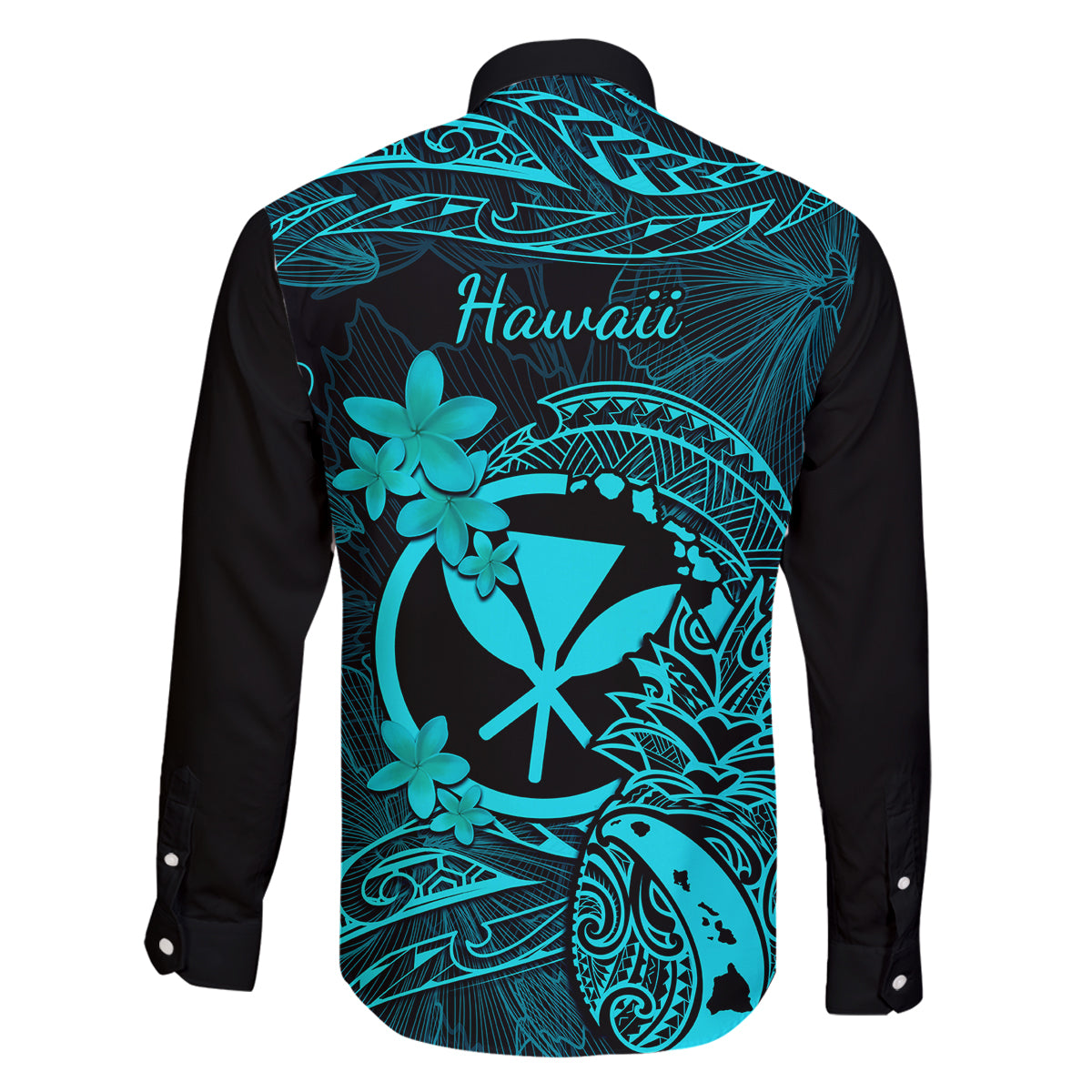 Hawaii Family Matching Long Sleeve Bodycon Dress and Hawaiian Shirt Pineapple Mix Polynesian Plumeria Turquoise Version - Wonder Print Shop