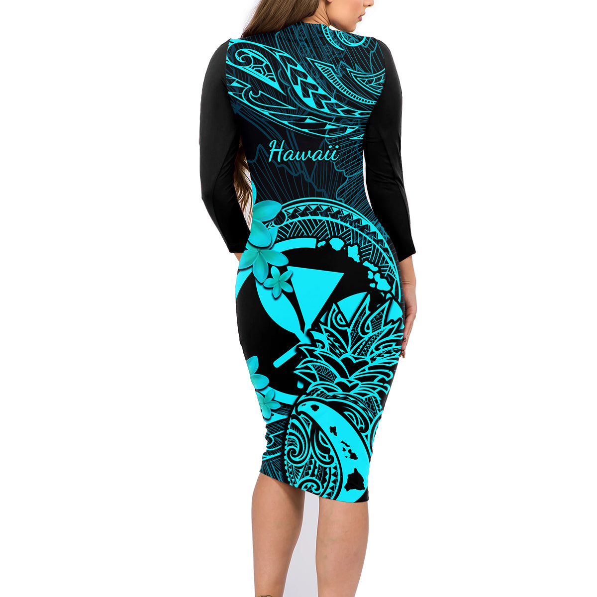 Hawaii Family Matching Long Sleeve Bodycon Dress and Hawaiian Shirt Pineapple Mix Polynesian Plumeria Turquoise Version - Wonder Print Shop