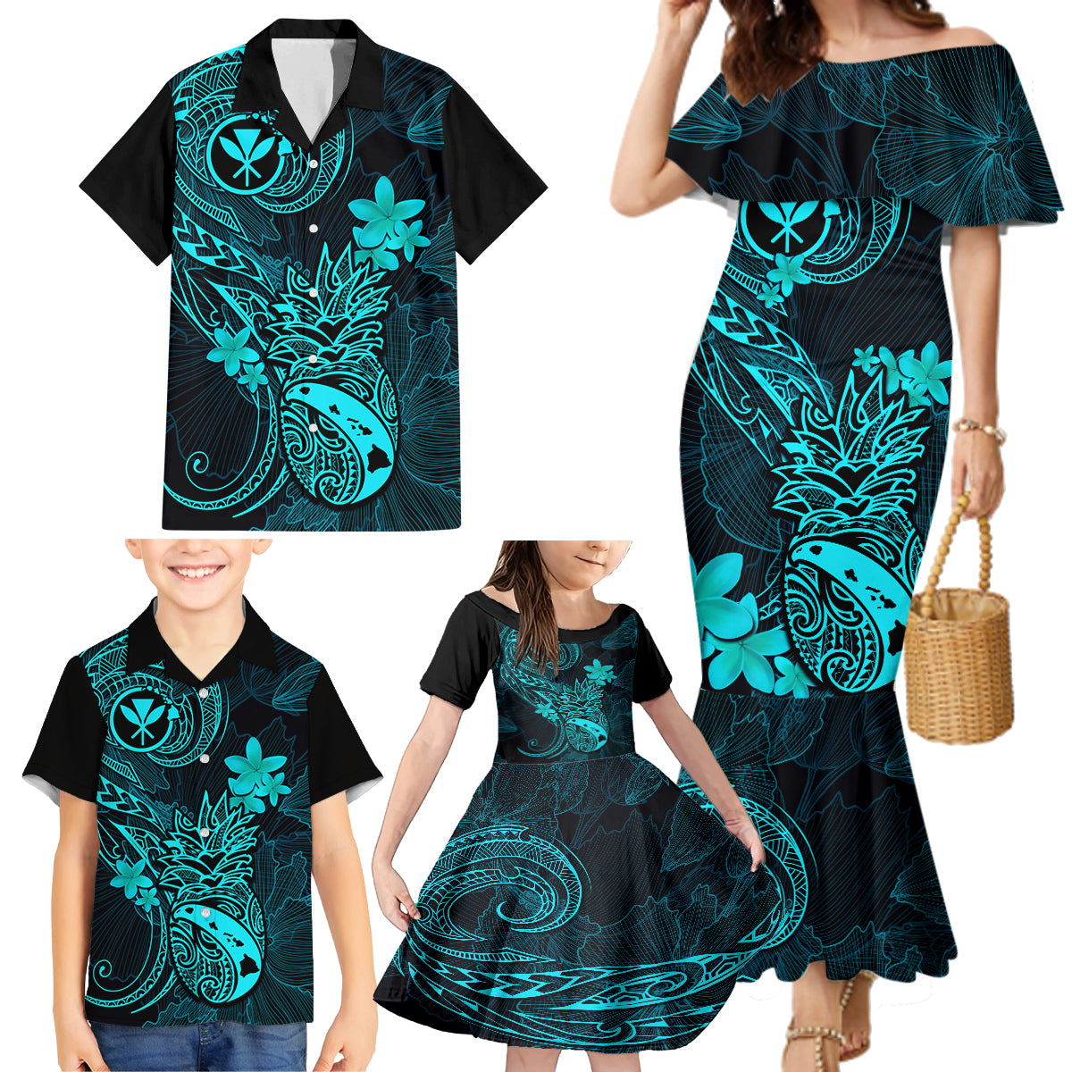 Hawaii Family Matching Mermaid Dress and Hawaiian Shirt Pineapple Mix Polynesian Plumeria Turquoise Version - Wonder Print Shop