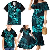 Hawaii Family Matching Mermaid Dress and Hawaiian Shirt Pineapple Mix Polynesian Plumeria Turquoise Version - Wonder Print Shop