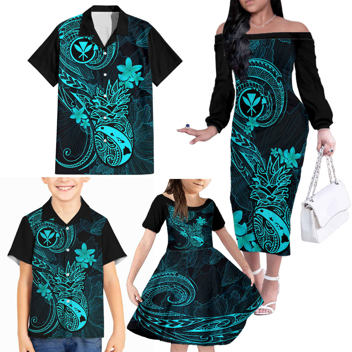 Hawaii Family Matching Off Shoulder Long Sleeve Dress and Hawaiian Shirt Pineapple Mix Polynesian Plumeria Turquoise Version - Wonder Print Shop