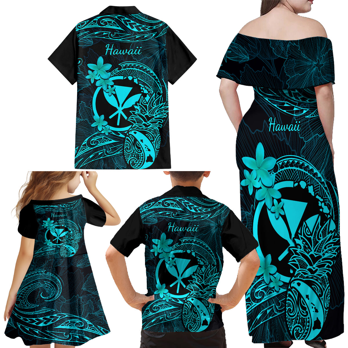 Hawaii Family Matching Off Shoulder Long Sleeve Dress and Hawaiian Shirt Pineapple Mix Polynesian Plumeria Turquoise Version - Wonder Print Shop
