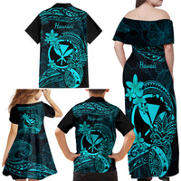 Hawaii Family Matching Off Shoulder Long Sleeve Dress and Hawaiian Shirt Pineapple Mix Polynesian Plumeria Turquoise Version - Wonder Print Shop