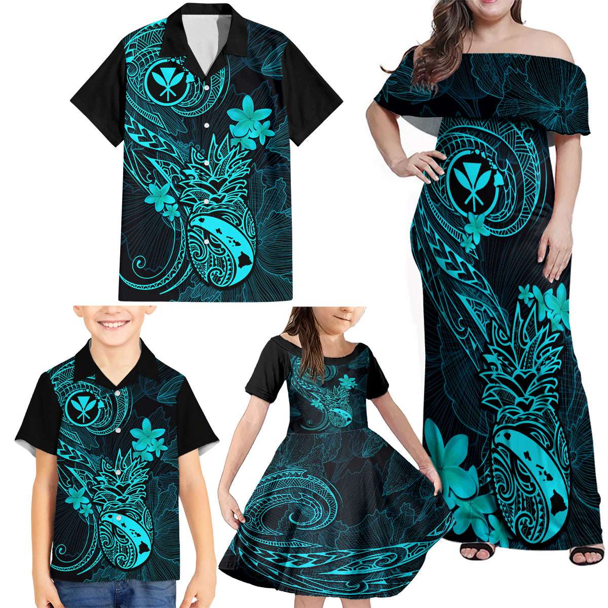 Hawaii Family Matching Off Shoulder Maxi Dress and Hawaiian Shirt Pineapple Mix Polynesian Plumeria Turquoise Version - Wonder Print Shop