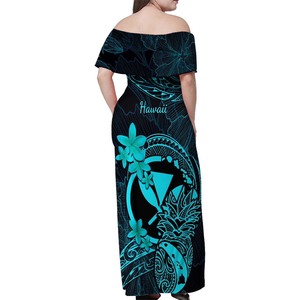 Hawaii Family Matching Off Shoulder Maxi Dress and Hawaiian Shirt Pineapple Mix Polynesian Plumeria Turquoise Version - Wonder Print Shop