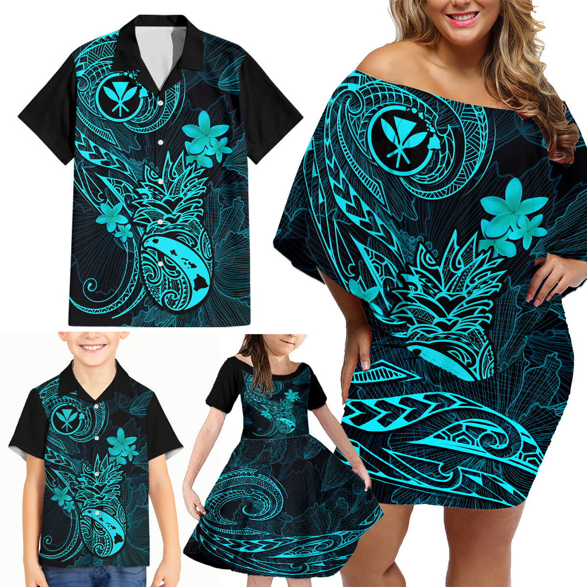 Hawaii Family Matching Off Shoulder Short Dress and Hawaiian Shirt Pineapple Mix Polynesian Plumeria Turquoise Version - Wonder Print Shop