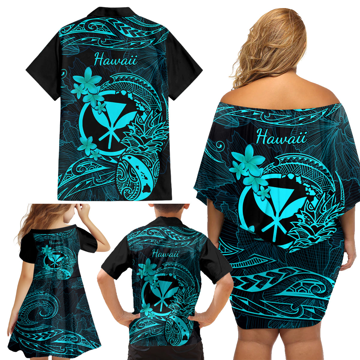Hawaii Family Matching Off Shoulder Short Dress and Hawaiian Shirt Pineapple Mix Polynesian Plumeria Turquoise Version - Wonder Print Shop