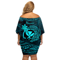 Hawaii Family Matching Off Shoulder Short Dress and Hawaiian Shirt Pineapple Mix Polynesian Plumeria Turquoise Version - Wonder Print Shop