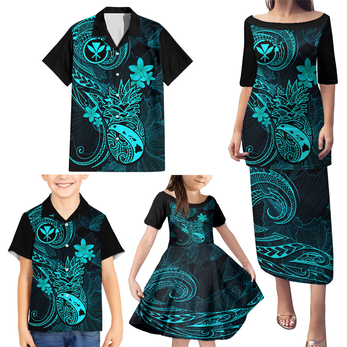 Hawaii Family Matching Puletasi Dress and Hawaiian Shirt Pineapple Mix Polynesian Plumeria Turquoise Version - Wonder Print Shop